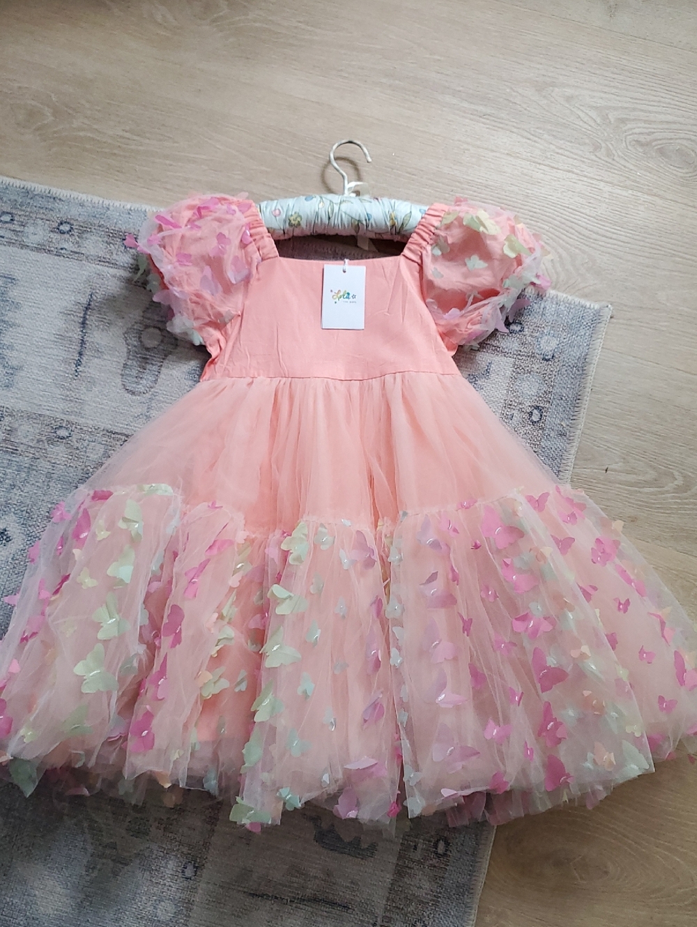 NWT Lola And The Boys 3D Butterfly Puffy Sleeve Pink Dress Sz8T